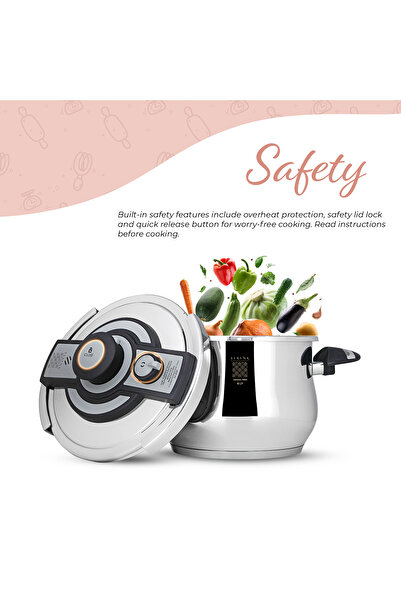 Serenk 6L Stainless Steel Pressure Cooker, Dishwasher Safe, Induction Compatible, Safety Lock