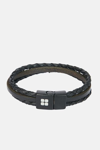 Avva Men's Black 2-Piece 100% Leather and Natural Stone Bracelet A32y9629