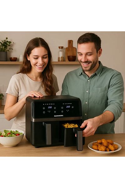 Hausberg Dvojitá horkovzdušná fritéza HB-2373NG, 2400W, 8,4L, termostat s LED displejem, digitální, 14 programů