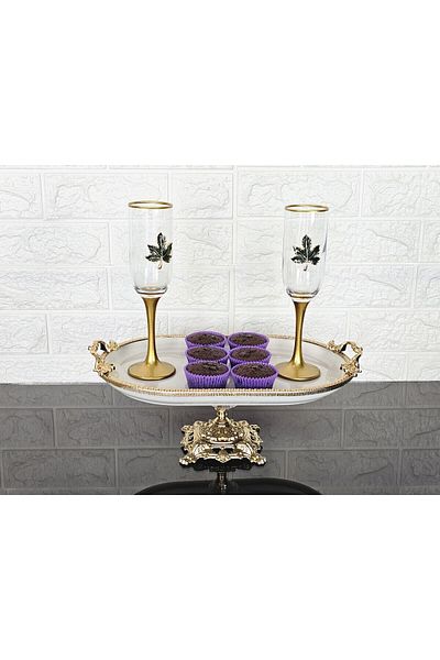 atabey home Porcelain Large Plain Boat Presentation Bowl with Cast Gold Frame and Legs 33 cm