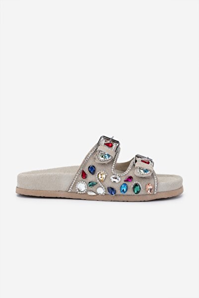 Valmenti Women's Genuine Leather Beige Flat Slippers