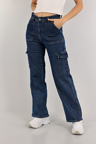 Joui Co Kız Çocuk %100 Pamuk Açık Mavi Yüksek Bel Geniş Paça Wide Leg Kargo Kot Pantolon