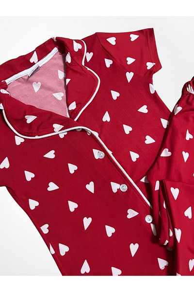 Fil Kids Girl's 100% Cotton Red Heart Patterned Shirt Collar Buttoned Short Sleeve Pajama Set