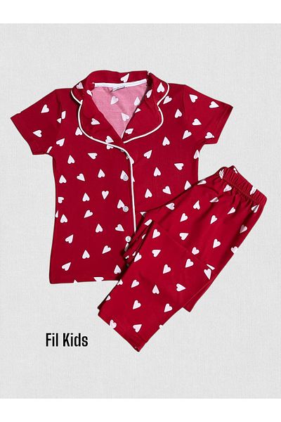 Fil Kids Girl's 100% Cotton Red Heart Patterned Shirt Collar Buttoned Short Sleeve Pajama Set