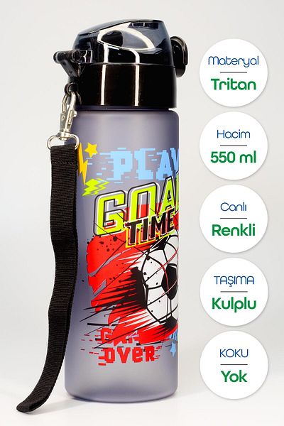 Telvesse Children's Water Bottle Tritan Water Bottle with Straw Football School Water Bottle with Straw Bpa-Free 550ml Gray T0101