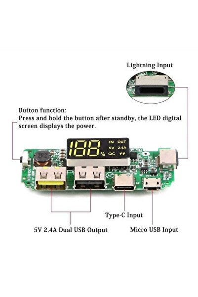 Diyotlab Çift USB 5V 2.4A Led'li Micro Type-C Powerbank Modülü