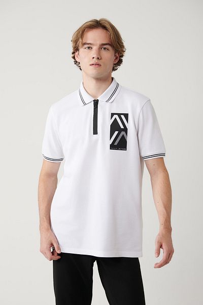 Avva Weißes Herren-T-Shirt aus 100 % Baumwolle mit bedrucktem Baumwoll-Polokragen A41y1182
