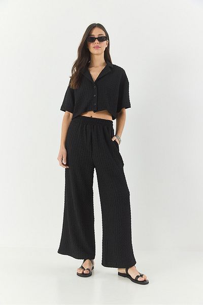 Bianco Lucci Women Seersucker Crop Jacket Elastic Waist High Waist Pants Suit Bottom-Top Suit 9313 60281043