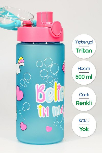 Telvesse Children Water Flask Tritan Water Bottle with Straw Wide Mouth Princess School Water Bottle Bpa-Free 500ml Pink T0108