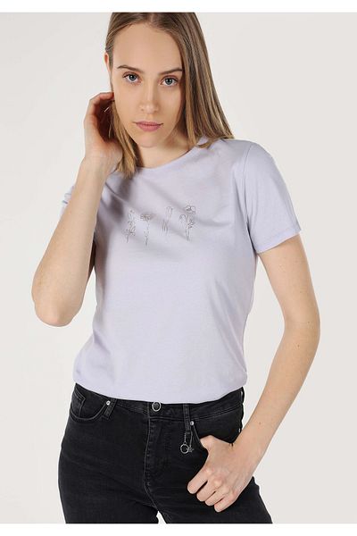 Colin's Tricou cu mânecă scurtă pentru femei, mov, cu decolteu rotund, cu imprimeu floral