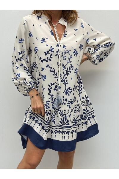 Maldia Shop Kadın Püskül Bağcıklı Beyaz Bohem Elbise