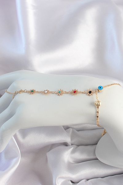 E NATIONAL Brass Gold Color Colorful Stone Flower Model Evil Eye Bead Detail Şahmeran