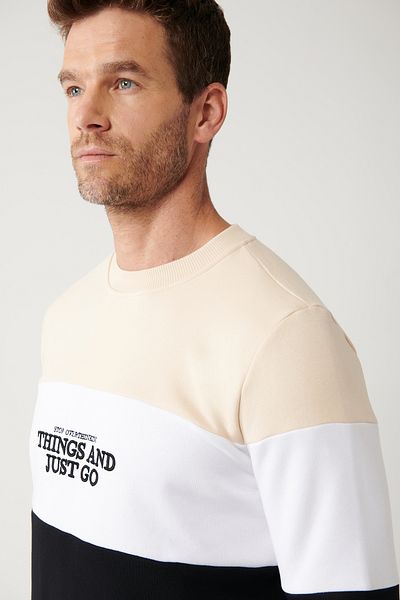 Avva Men's Beige-White-Black Crew Neck 3 Thread Raised Cotton Sweatshirt A32Y1197