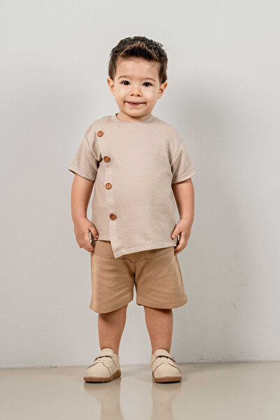 bombe Baby Kids Girls Boys Skin- Beige Button Detailed Bottom Top Double Set