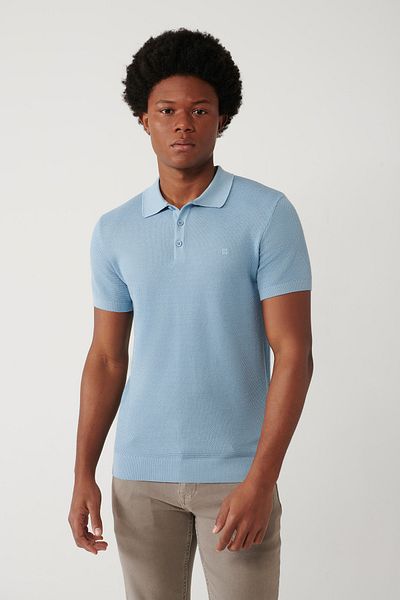 Avva Men's Light Blue Soft Touch 3 Button Textured Ribbed Polo Neck Knitwear T-Shirt B 005009