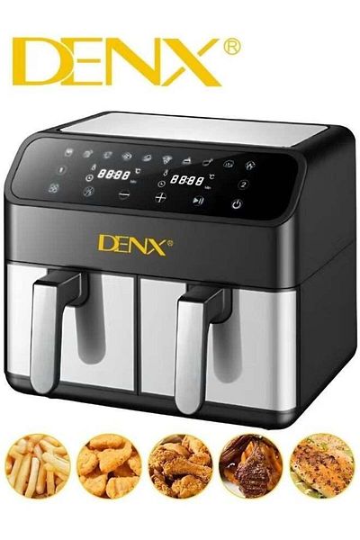 Denx مقلاة هوائية مزدوجة السلة - مقلاة هوائية مزدوجة متعددة الاستخدامات من الفولاذ المقاوم للصدأ، سعة 4 لتر + 4 لتر، اثنتان