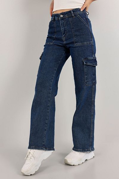 Joui Co Girl's 100% Cotton Light Blue High Waist Wide Leg Wide Leg Cargo Jeans