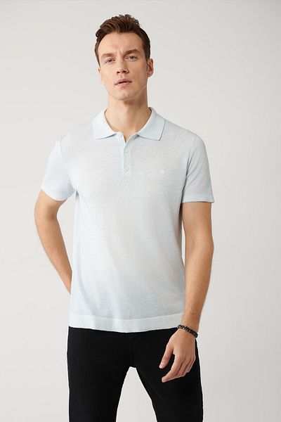 Avva Tricou tricot cu gât polo albastru deschis - 3 nasturi, Garment Dyed, bărbați A41y5067
