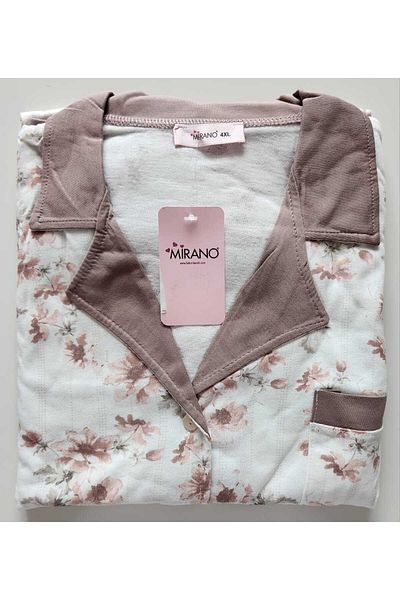 Mirano Shirt Collar Front Buttoned Floral Patterned Short Sleeve Women's Pajama Set 6690 Ecru