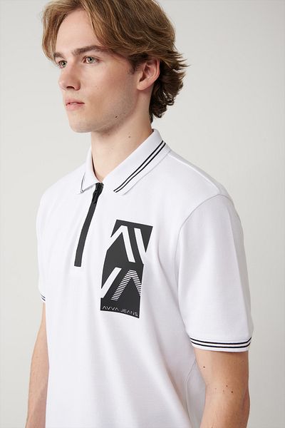 Avva Weißes Herren-T-Shirt aus 100 % Baumwolle mit bedrucktem Baumwoll-Polokragen A41y1182