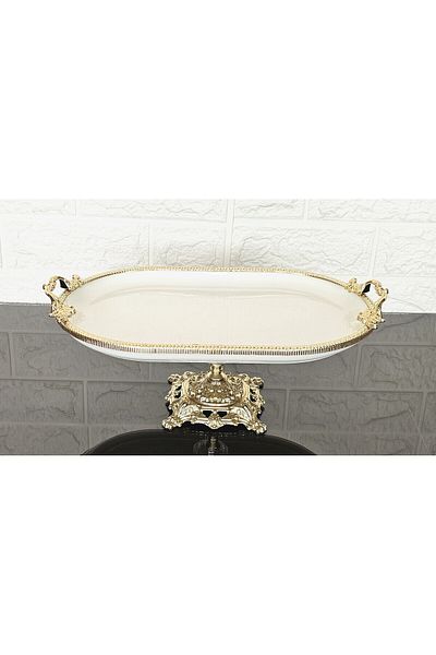 atabey home Porcelain Large Plain Boat Presentation Bowl with Cast Gold Frame and Legs 33 cm