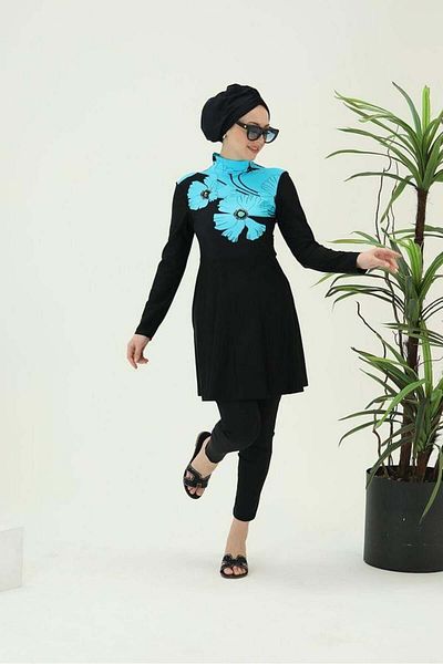 NS Tasarım Tesettür Mayo Nilüfer Turquoise Double Design Hijab Suit Swimsuit