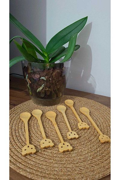 BuMeria Set of 6 Bamboo Small Wooden Spoons with Teddy Bear Pattern