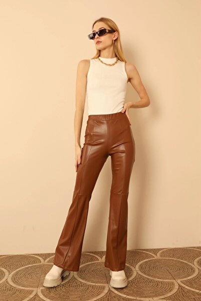 TakıDolabı Δερμάτινο ύφασμα στενή εφαρμογή Γυναικείο παντελόνι με ψηλή μέση