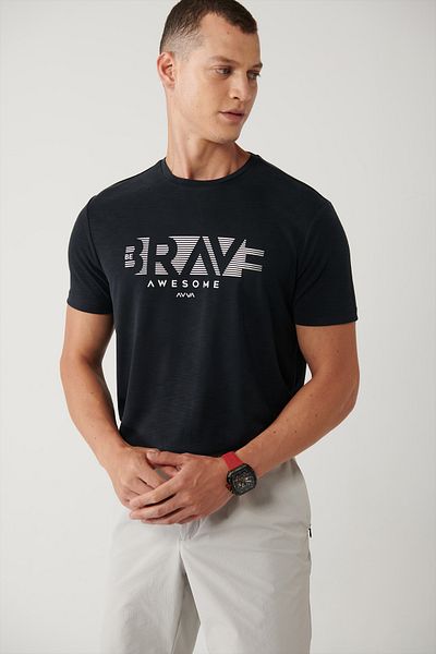 Avva Tricou pentru bărbați, antracit, cu decolteu rotund, imprimat cu atingere moale A41y1138