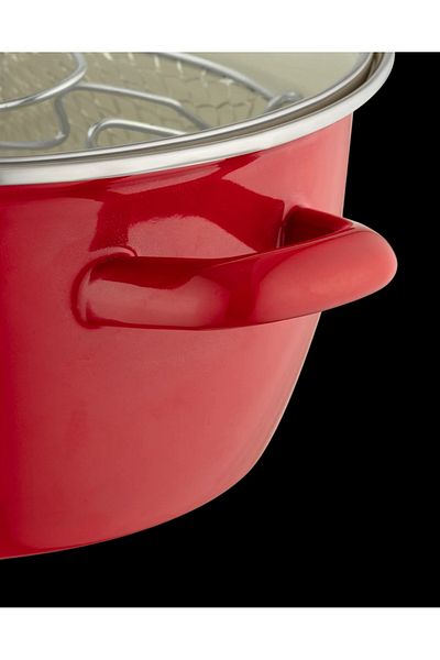 Madame Coco Frying Pot Red 22 cm Enamel Pan with Strainer Ideal for Healthy Fries