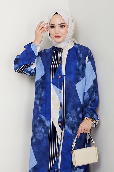 Moda MSK Φόρεμα με κουμπιά βισκόζης Μπλε Λευκό