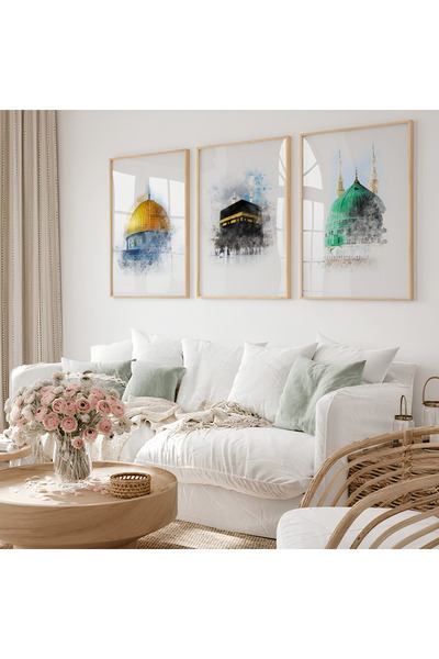 Hayyart Aksa, Kabe, Mescidi Nebevi Ahşap Çerçeveli Minimalist 3'lü Islami Tab...