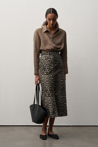 Mathilda By Çiğdem Bilici Leopard Patterned Slit Midi Denim Skirt