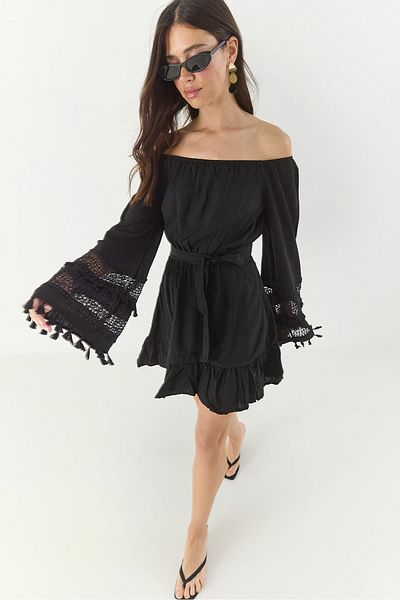 Bianco Lucci Women Madonna Collar Beli Elastic Lace Sleeves Belted Lined Mini Summer Dress 60283246