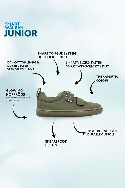 HOPFRÖG Smart Walker Junior - Pantofi pentru copii Haki Super Matte Barefoot