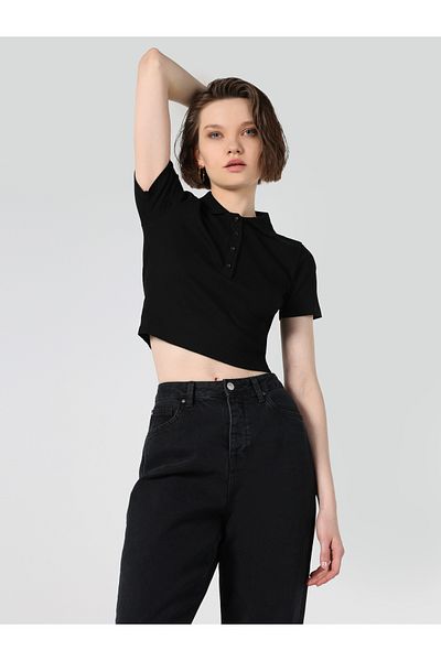 Colin's Tricou negru cu mânecă scurtă pentru femei, cu gât polo, slim fit