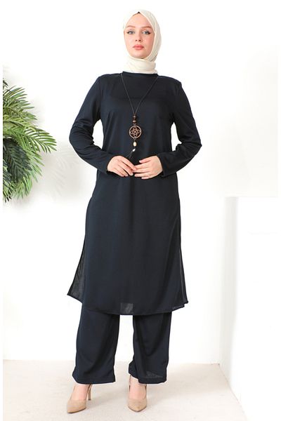 sefamerve Σετ κολιέ τουνίκ και παντελόνι Navy Blue - 8585-04