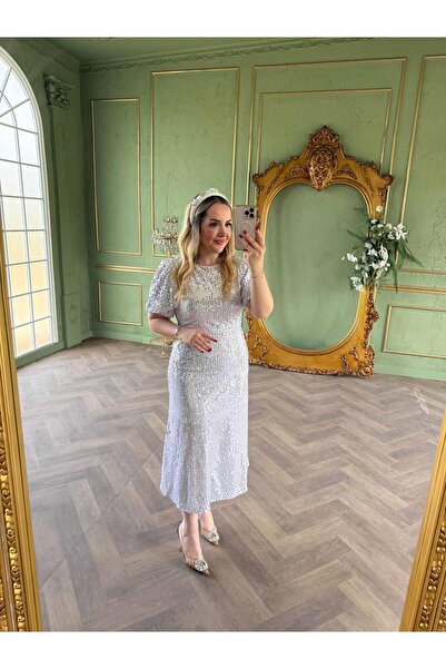 Byelifdursun Sandra Payet Balon Kol Midi Tasarım Payet Elbise Beyaz