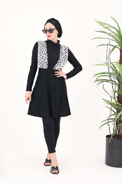 NS Tasarım Tesettür Mayo Nalan Chiffon Detailed Dalmatian Pattern Design Hijab Double Swimsuit Set