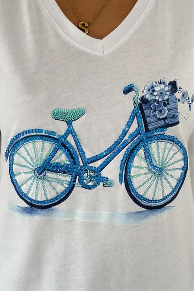FEMELLE Tricou alb pentru femei, cu decolteu în V, cu paiete, brodat, 100% bumbac