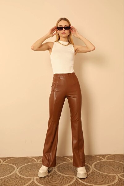 TakıDolabı Δερμάτινο ύφασμα στενή εφαρμογή Γυναικείο παντελόνι με ψηλή μέση