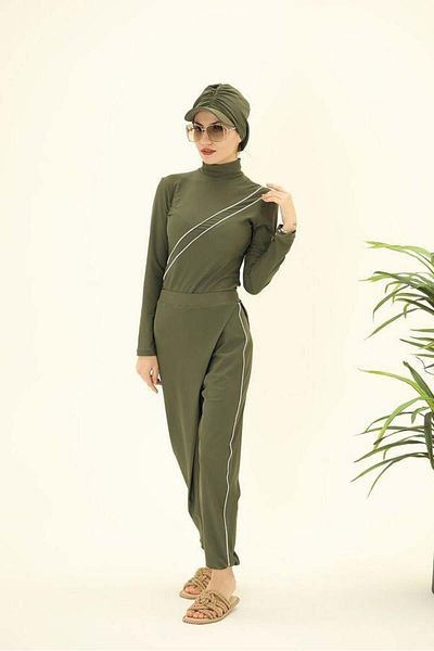 NS Tasarım Tesettür Mayo Lina Khaki Design Hijab Double Suit Swimsuit