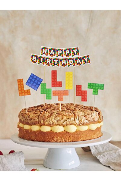 Parti Adresi Renkli Blok Temalı Happy Birthday Kürdan Pasta Süsü 9'lu