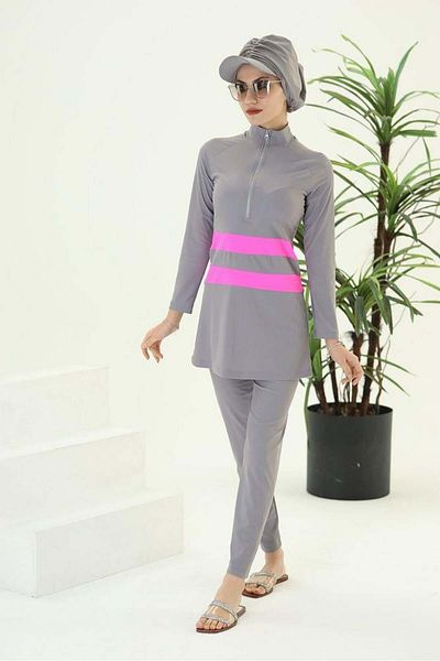 NS Tasarım Tesettür Mayo Golf Pink Striped Gray Design Hijab Double Swimsuit Set