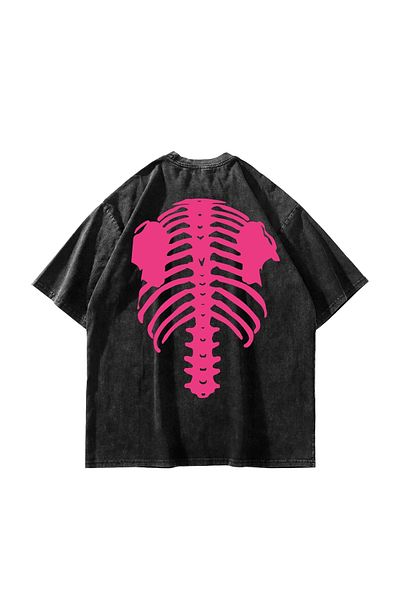Sekizbiraltı Μαύρο μπλουζάκι με ροζ κορμού με στάμπα Oversize Unisex Washed