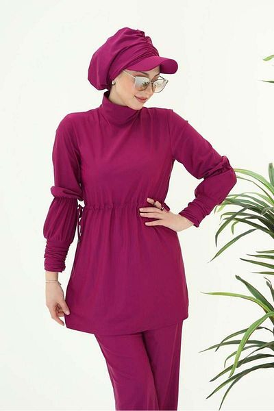NS Tasarım Tesettür Mayo Diana Gather Detailed Design Hijab Lycra Fuchsia Double Suit Swimsuit