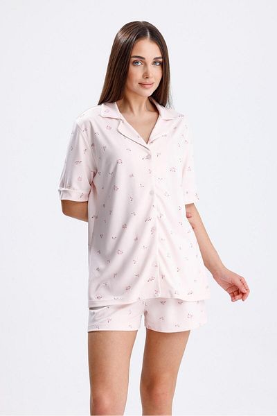 Espuar 768 Classic Women's Floral Pattern Shirt Buttoned Combed Cotton Viscose Shorts Set