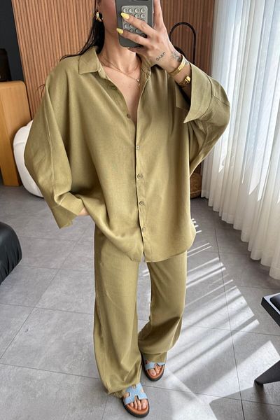 My Blog Khaki Lirio Shirt Pants Set - 8674