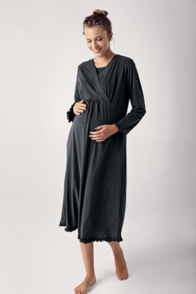 Artış Women's Long Sleeve Cotton Flexible Maternity Dressing Gown Nightgown Set 13400