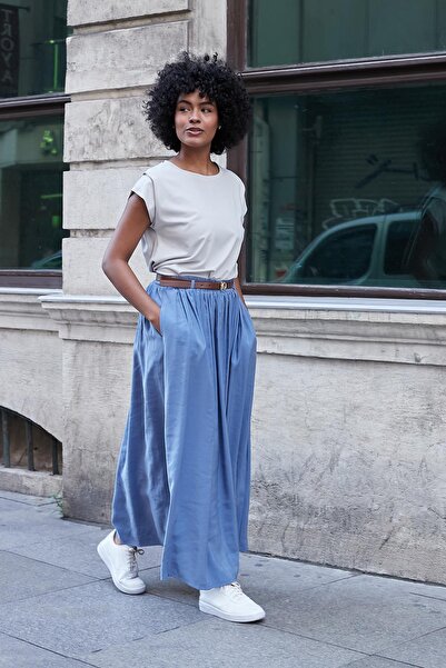 Jument Women's Silky Textured Modal Fabric Ankle Length Long Skirt with Pockets and Elasticated Waist (Leather Belt Included)-Indigo